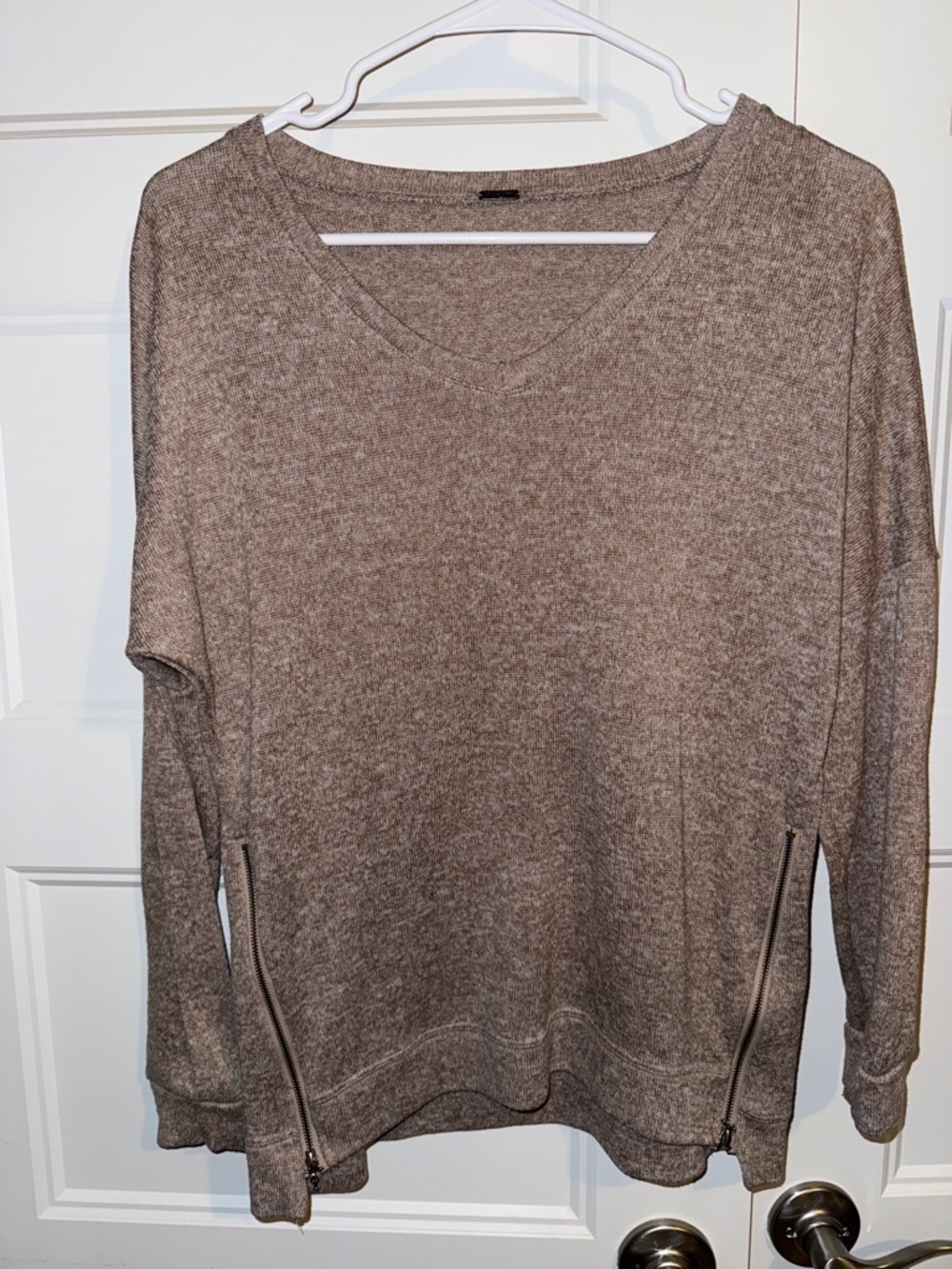 Poof! Taupe V-Neck Tunic Sweater with Side Zippers